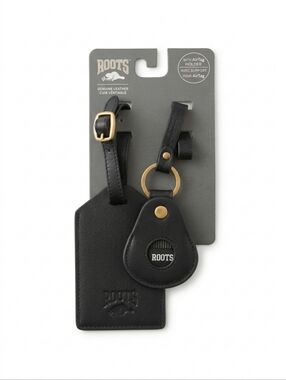 Roots Leather Travel Set: Luggage Tag + AirTag Keychain Black NWT